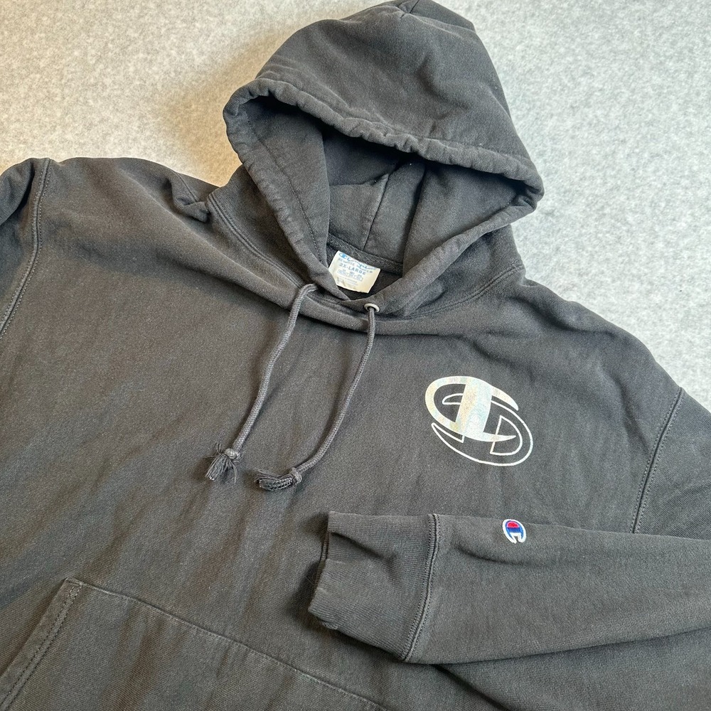 Champion Reverse Weave Hoodie Mens 2XL Black Pullover Graphic Logo Heavyweight